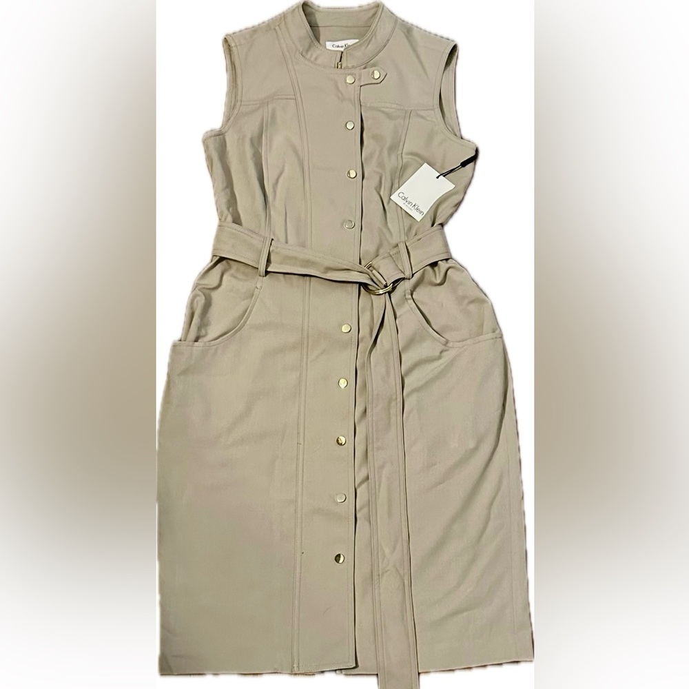 NWT Calvin Klein Tan Button-Front Midi Dress With Belt